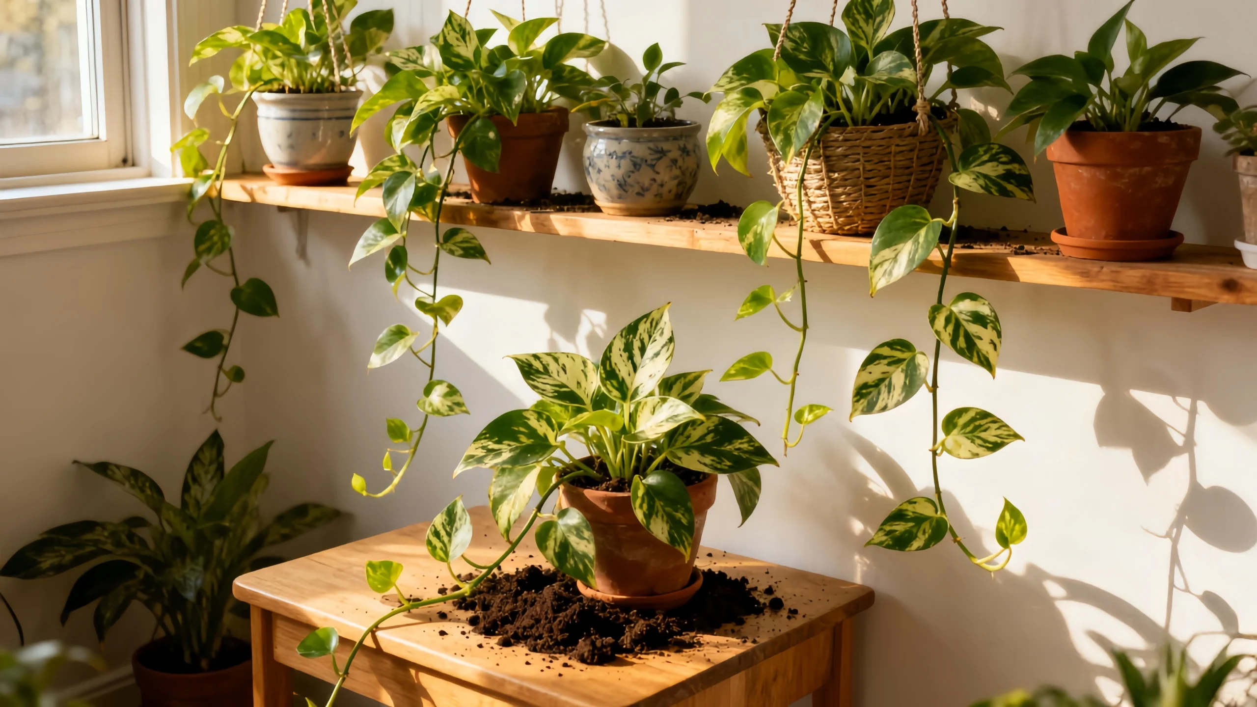 Collection of healthy thriving pothos plants displayed in a home setting