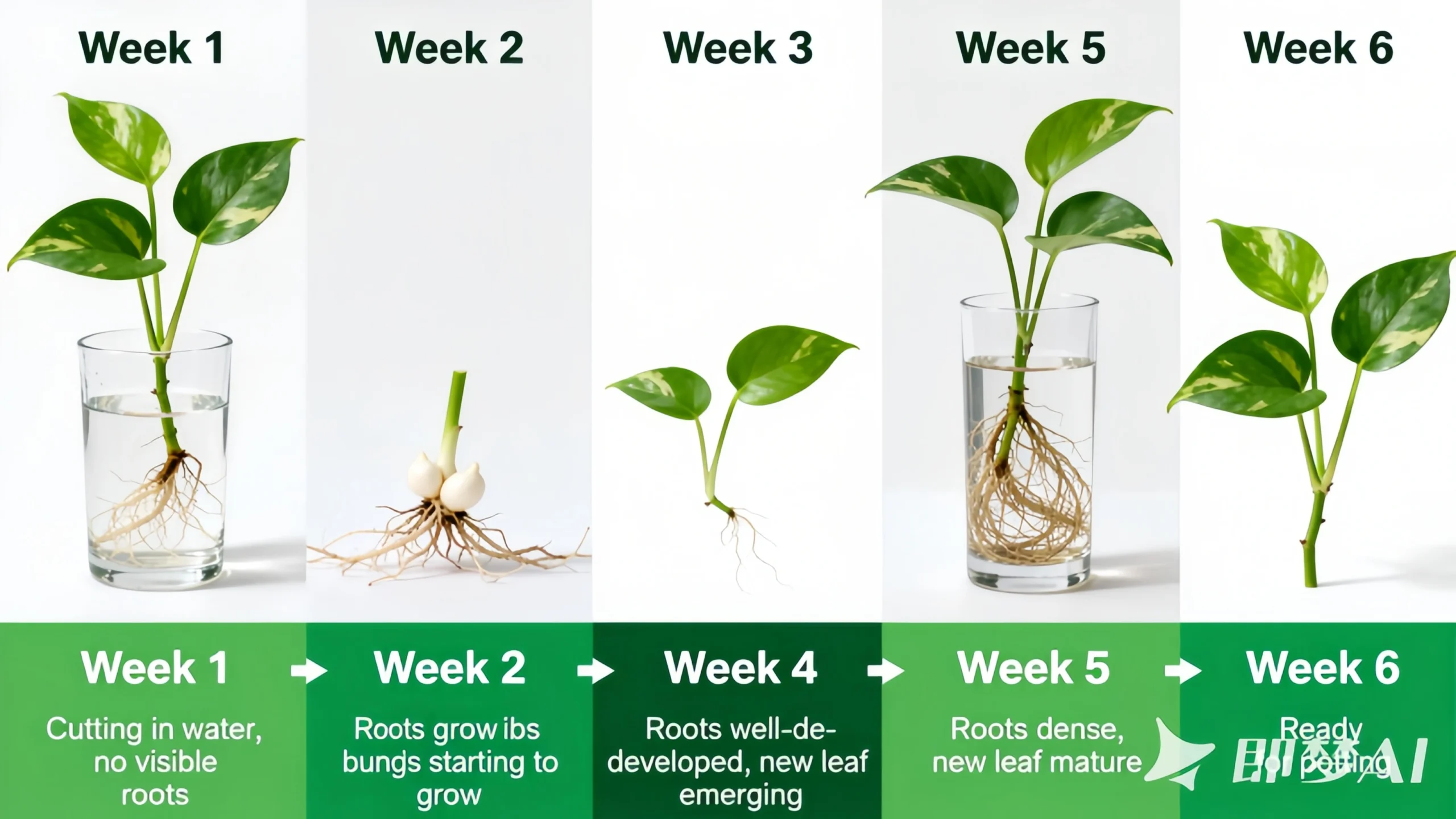 Pothos propagation timeline showing root development from week 1 to week 6