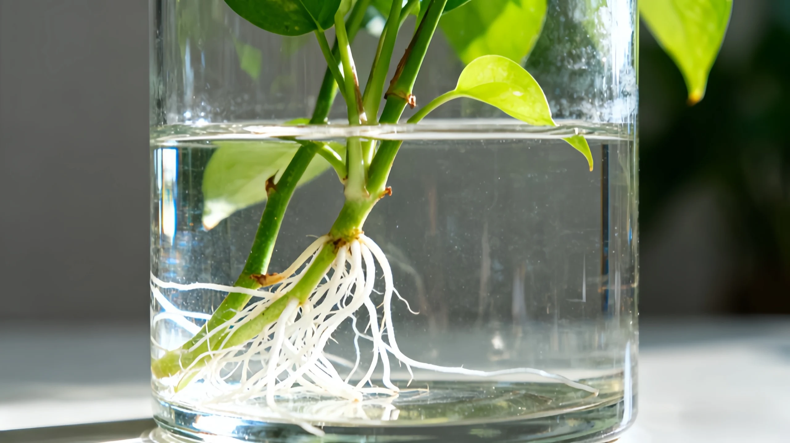 Pothos cuttings rooting in clear glass jars showing root development