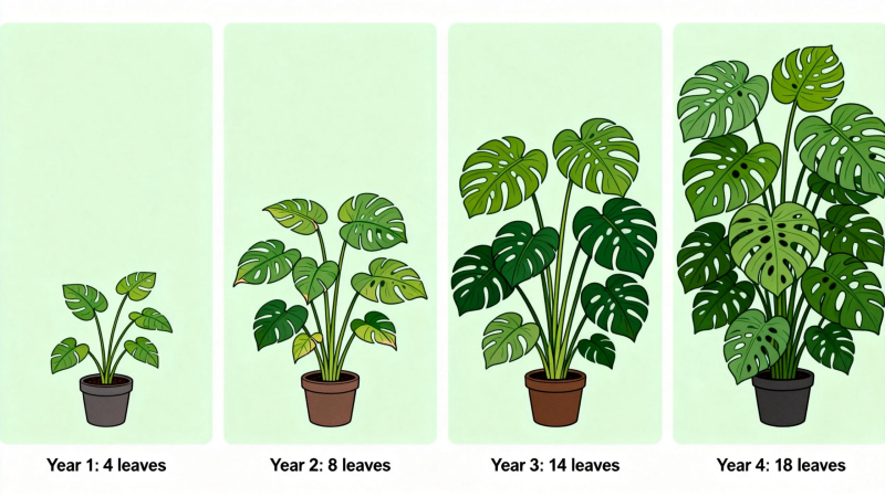 Monstera plant growth comparison showing 4 leaves to 18 leaves over 3 years - how to care for monstera guide