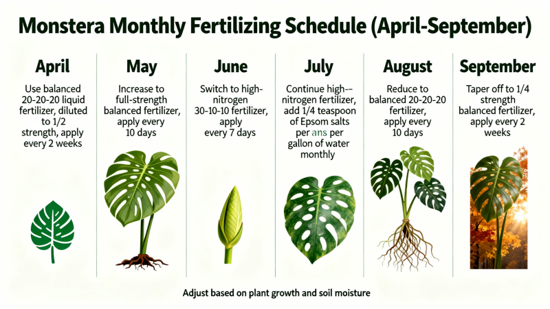 Monthly fertilizing schedule for Monstera plants during April to September growing season