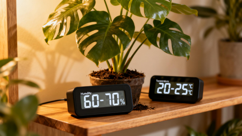 Hygrometer and thermometer near Monstera plant showing ideal humidity and temperature conditions