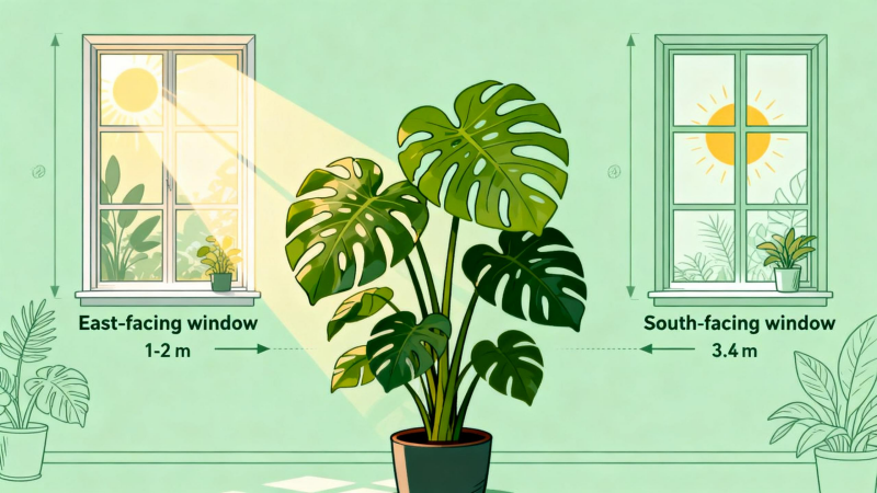 Diagram showing ideal Monstera placement near east or south-facing windows for bright indirect light