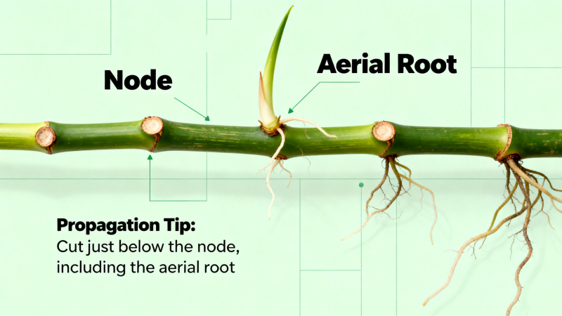 Diagram showing Monstera stem with labeled node and aerial root for propagation