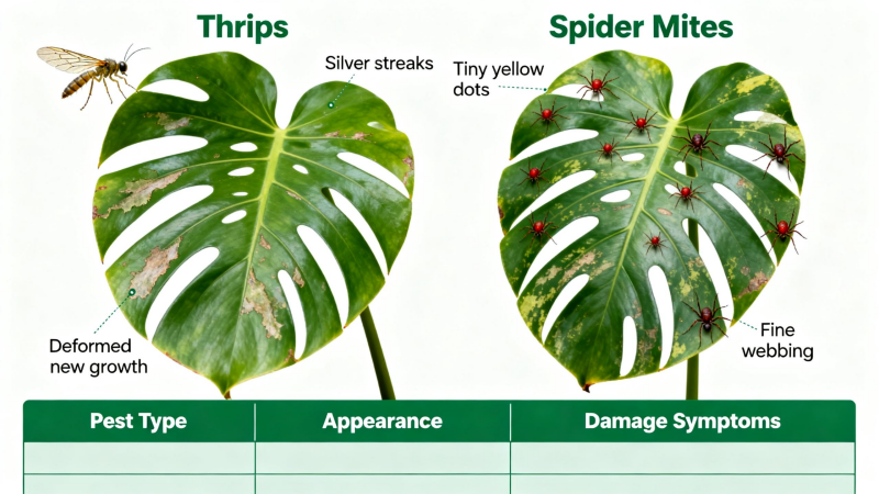 Visual guide identifying thrips and spider mites on Monstera leaves with damage symptoms