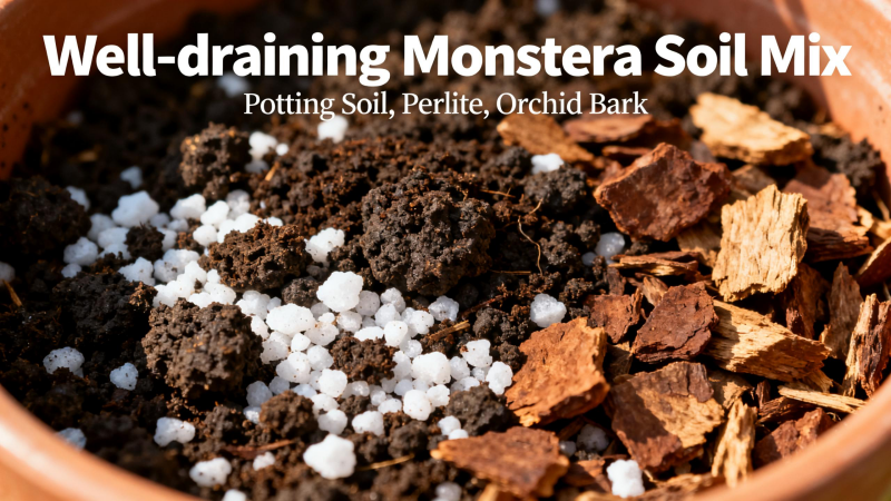 Well-draining Monstera soil mix with potting soil, perlite, and orchid bark