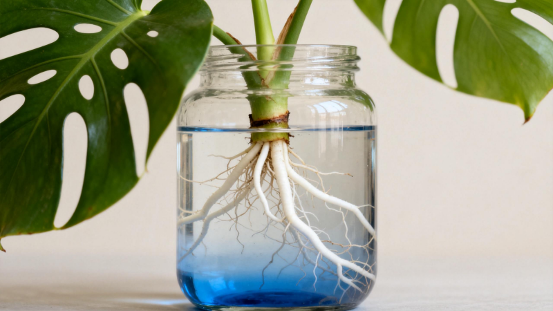 Monstera cutting in water jar showing root development during propagation process