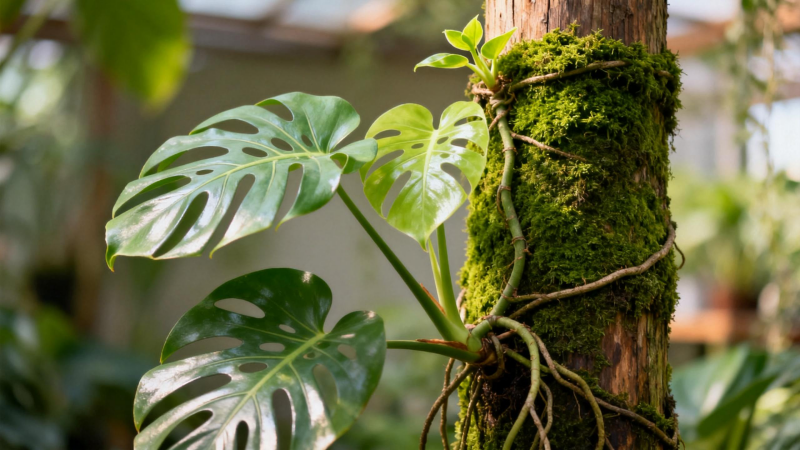 Monstera plant trained on moss pole support showing upward growth - proper Monstera care