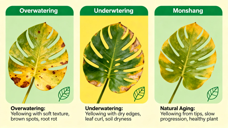 Comparison of Monstera yellow leaves from overwatering versus underwatering and natural aging