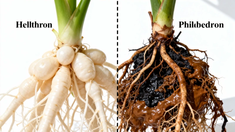 Healthy white philodendron roots versus brown mushy root rot
