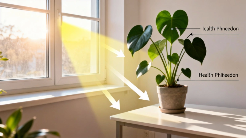 Diagram of ideal philodendron placement near an east-facing window with bright indirect light