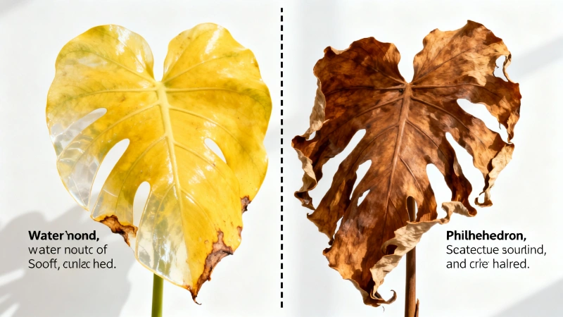 Overwatered yellow mushy philodendron leaf versus underwatered brown crispy leaf