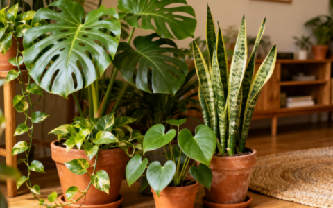 Indoor tropical plant collection featuring Monstera, Pothos, Snake Plant, and Philodendron together