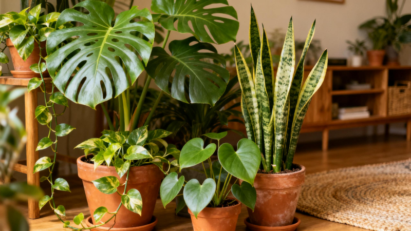 Indoor tropical plant collection featuring Monstera, Pothos, Snake Plant, and Philodendron together