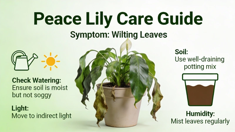A drooping peace lily with wilted leaves hanging over the pot edge