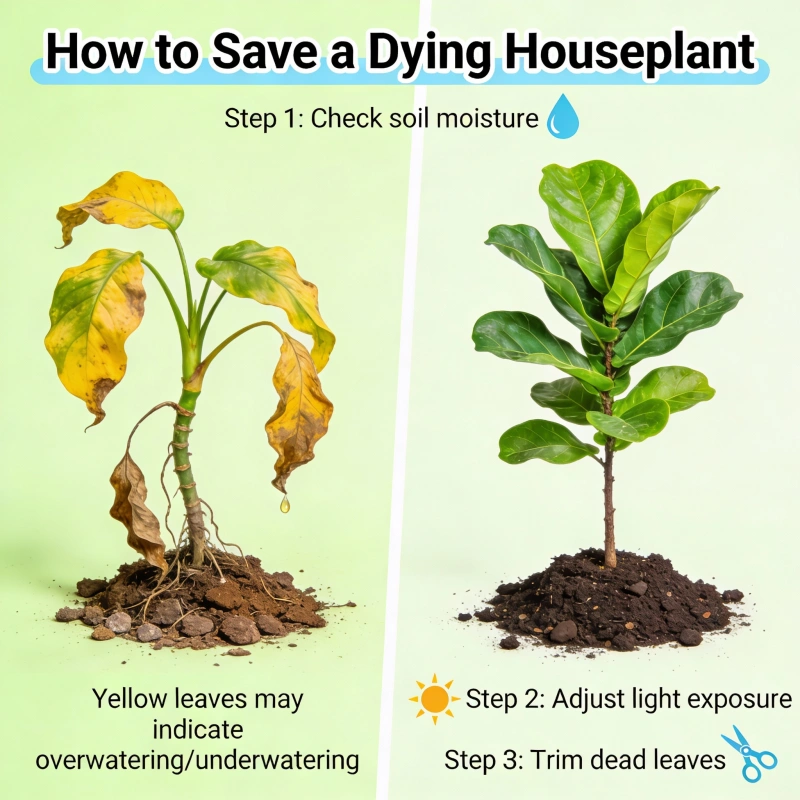 A dying houseplant with yellow leaves next to the same plant after recovery