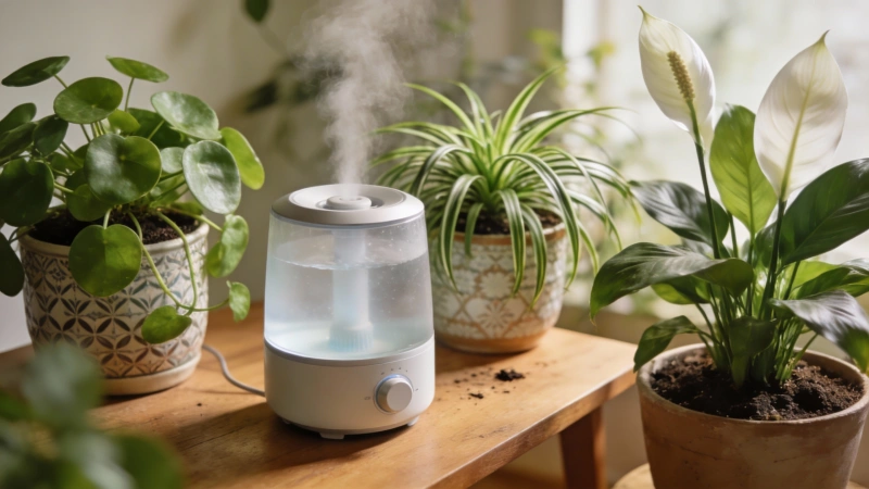 Humidifier running near houseplants to prevent spider mites by increasing humidity