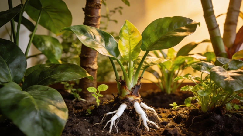 Healthy thriving indoor plants after successful root rot treatment and recovery