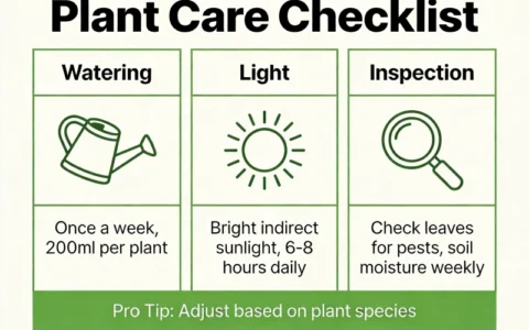 Infographic showing plant care checklist including watering, light, and inspection tips