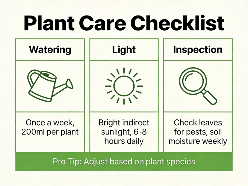 Infographic showing a plant care checklist including watering, light and inspection tips