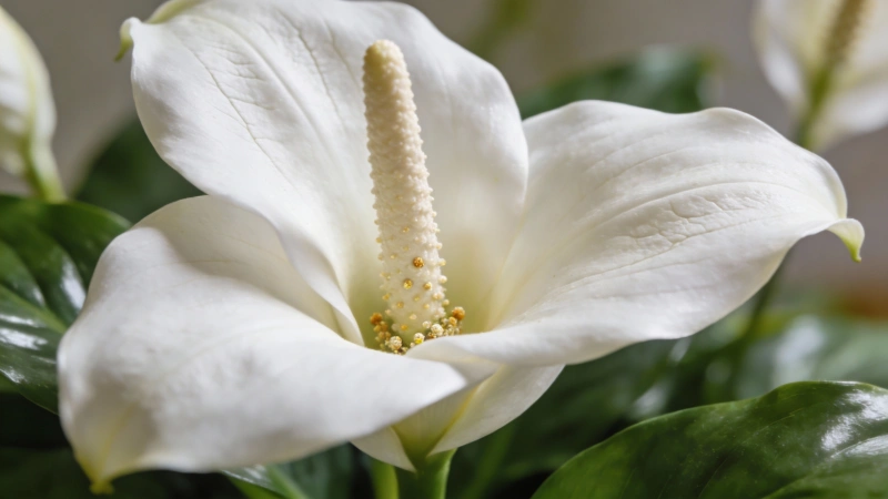Close-up of a white peace lily flower in full bloom