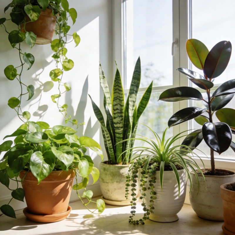 Beautiful collection of healthy thriving houseplants in a bright room