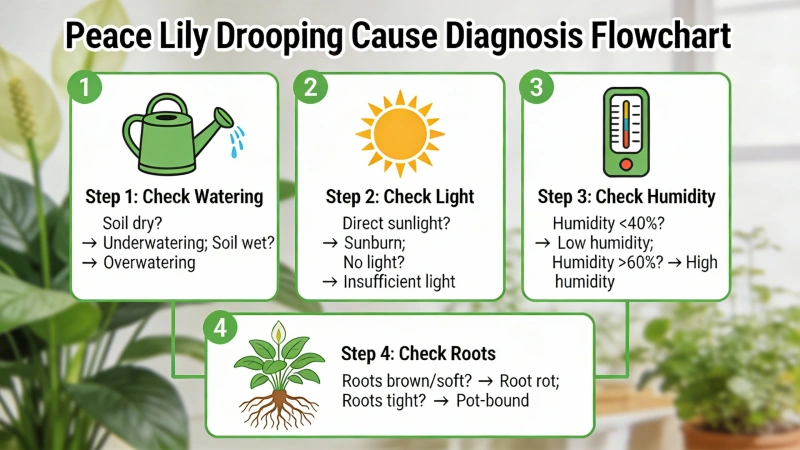 Peace lily diagnosis flowchart showing how to identify drooping causes