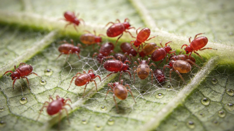 Close-up magnified view of spider mites on leaf underside showing tiny red and brown mites