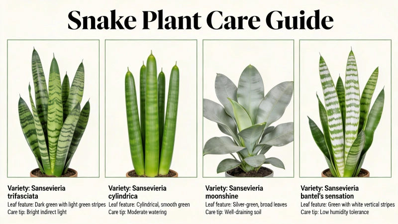 Various snake plant varieties showing healthy green leaves