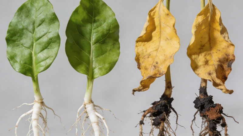 Healthy green leaves compared to yellow, wilting leaves caused by root rot