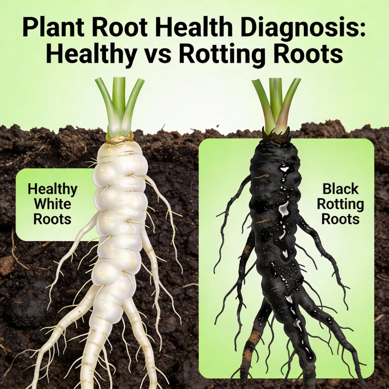 Comparison of healthy white plant roots versus black rotting roots