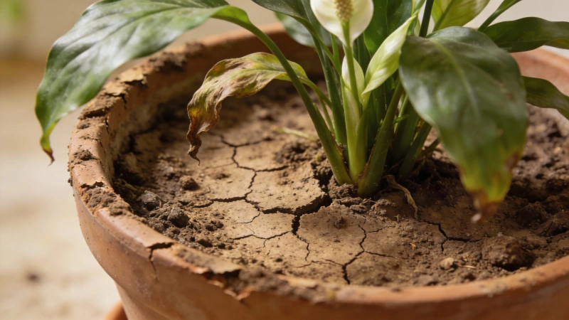 Dry soil in a peace lily pot showing the plant needs watering