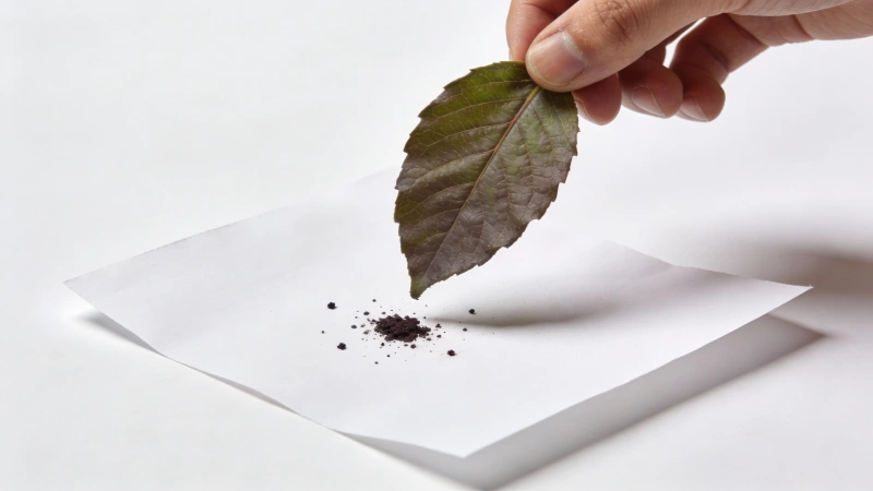 White paper test for spider mites showing small specks on paper beneath plant leaf