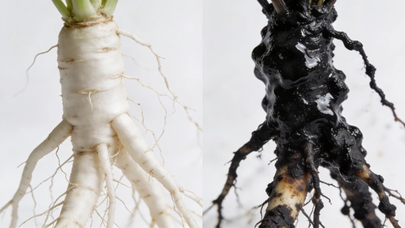 Healthy white plant roots compared to black, mushy rotted roots