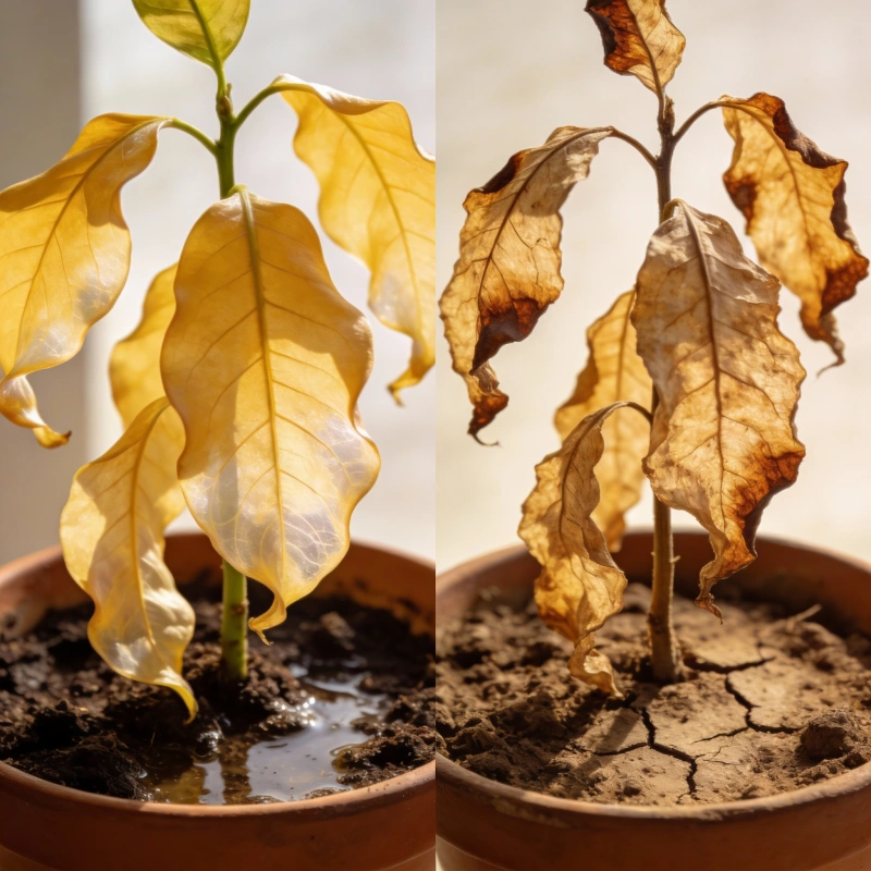 Overwatered soft yellow leaves versus underwatered dry crispy leaves