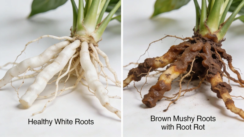Healthy white peace lily roots versus brown mushy roots with root rot