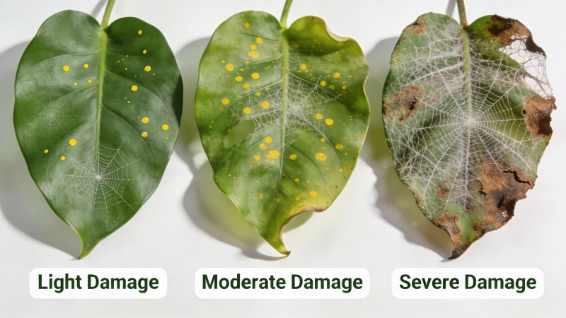 Three-stage comparison showing light, moderate, and severe spider mite damage on houseplant leaves