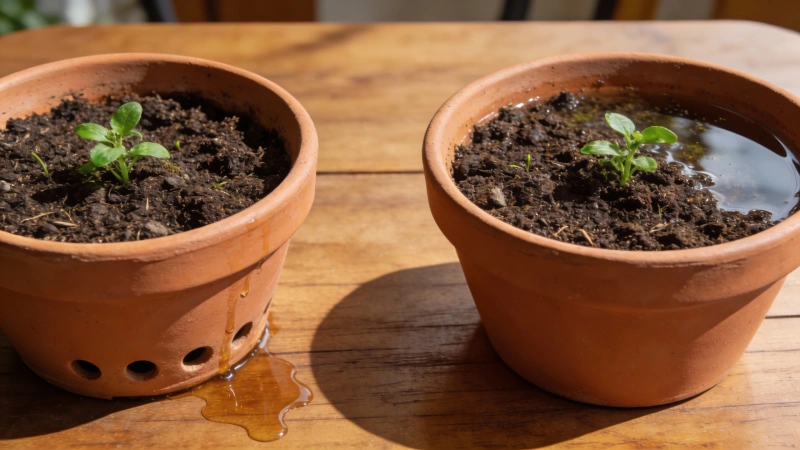Two plant pots showing the difference between a pot with drainage holes and one without