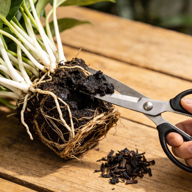Hand using scissors to trim black rotted roots from a houseplant