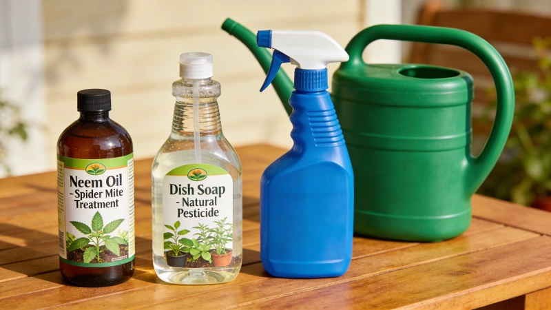 Spider mite treatment supplies including neem oil, dish soap, spray bottle, and watering can