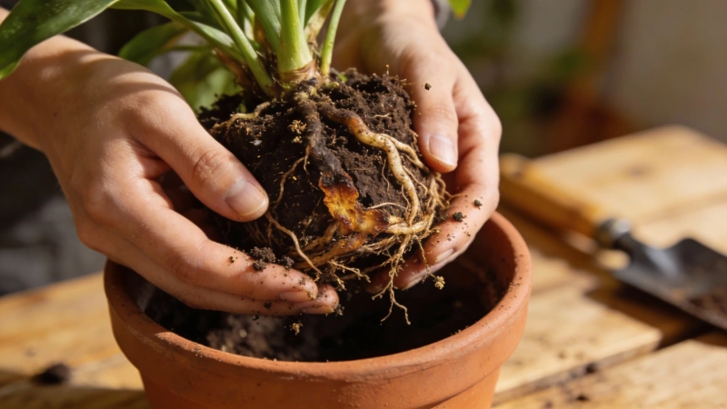 Hands gently removing a houseplant from its pot to check for root rot