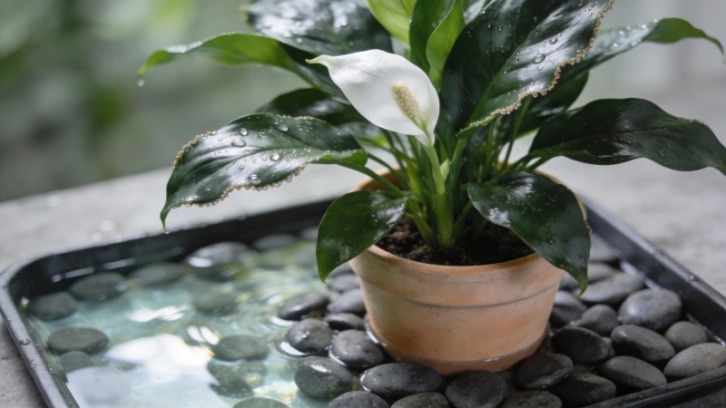Peace lily on a pebble tray filled with water to increase humidity