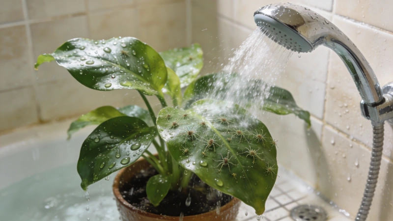 Houseplant being rinsed in shower to remove spider mites from leaves