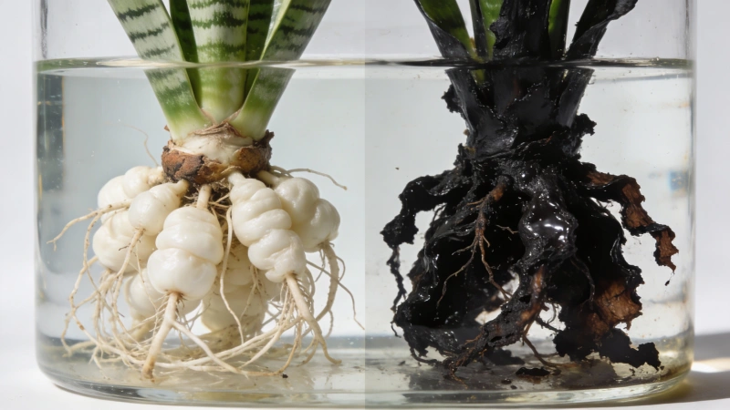 Healthy white snake plant roots compared to black rotting roots