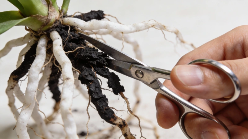 Using sterilized scissors to trim away black rotted roots from a plant