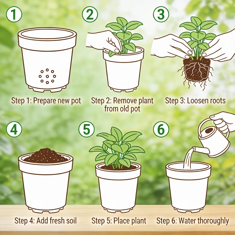 Step-by-step repotting process showing a plant being moved to a larger pot with fresh soil