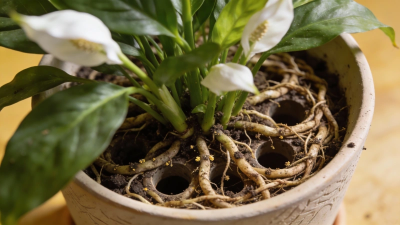 Rootbound peace lily with roots circling the pot and growing out of drainage holes