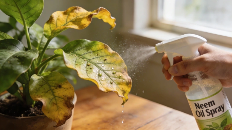 Applying neem oil spray to houseplant leaves to treat spider mites