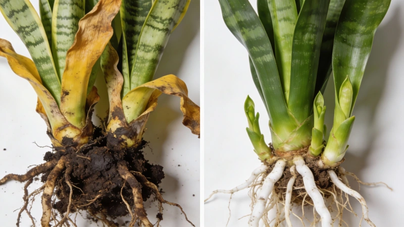 Snake plant before and after recovery from root rot showing healthy new growth