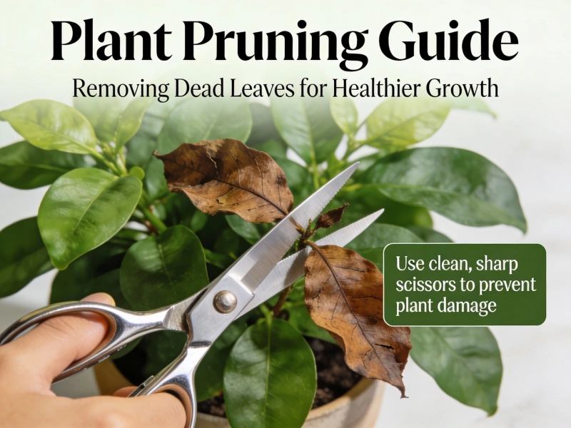 Scissors cutting dead brown leaves from a houseplant